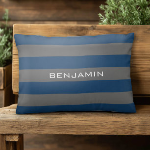 Navy Blue and Grey Rugby Stripes with Custom Name Decorative Cushion