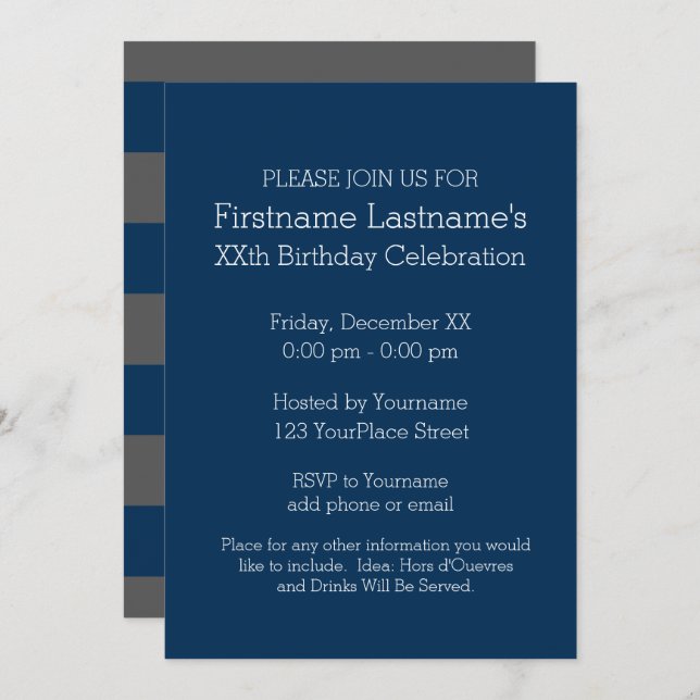 Navy Blue and Grey Rugby Stripes with Custom Name Invitation (Front/Back)