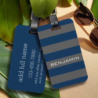 Navy Blue and Grey Rugby Stripes with Custom Name Luggage Tag