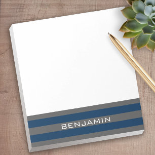 Navy Blue and Grey Rugby Stripes with Custom Name Notepad