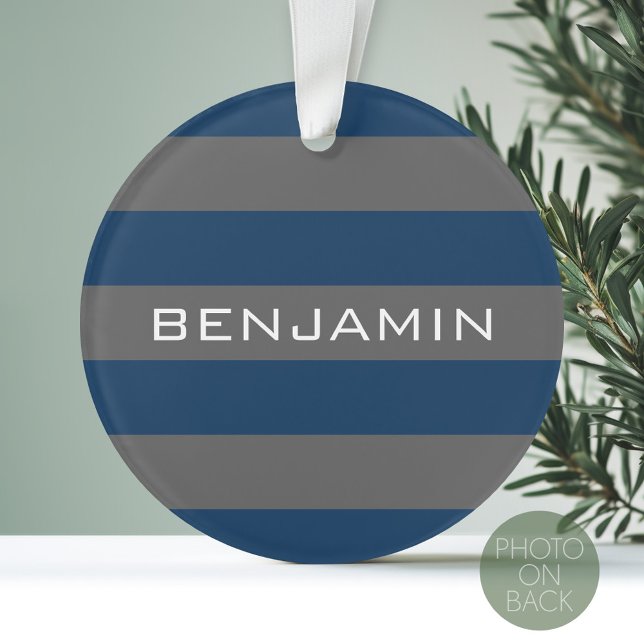 Navy Blue and Grey Rugby Stripes with Custom Name Ornament (Personalized Photo Ornament)