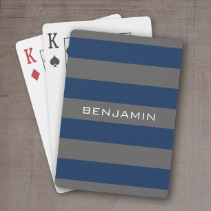 Navy Blue and Grey Rugby Stripes with Custom Name Playing Cards