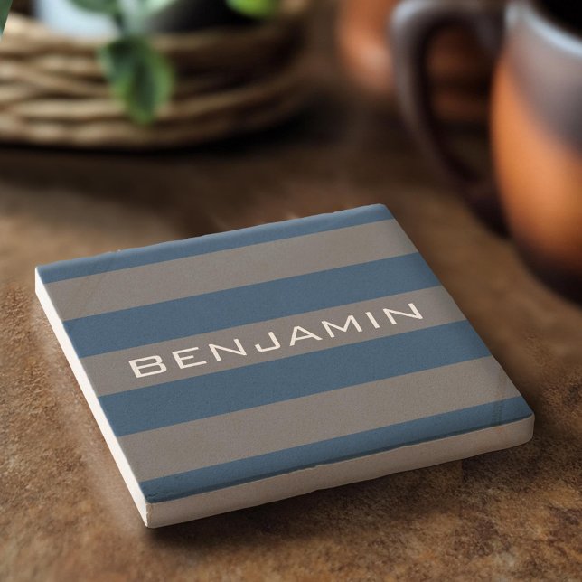 Navy Blue and Grey Rugby Stripes with Custom Name Stone Coaster (Custom Stone Coaster)