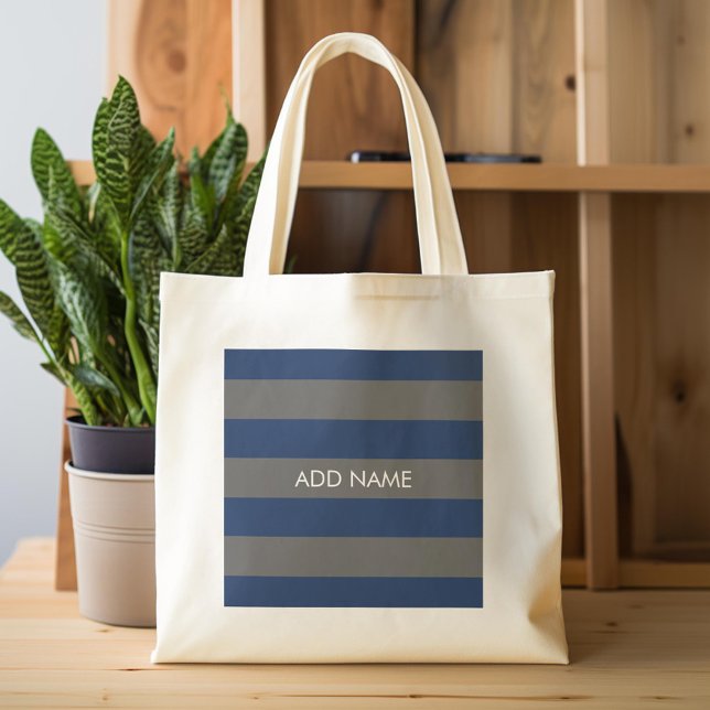 Navy Blue and Grey Rugby Stripes with Custom Name Tote Bag (Custom Tote Bag)