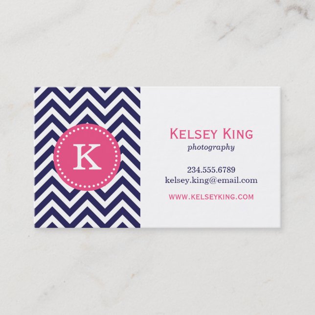 Navy Blue and Hot Pink Chevron Custom Monogram Business Card (Front)