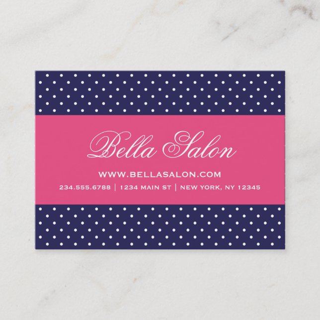 Navy Blue and Hot Pink Cute Modern Polka Dots Business Card (Front)