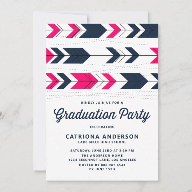 Navy Blue and Hot Pink Modern Arrows Graduation Invitation (Front)