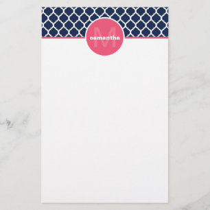 Navy Blue and Hot Pink Quatrefoil Monogram Stationery