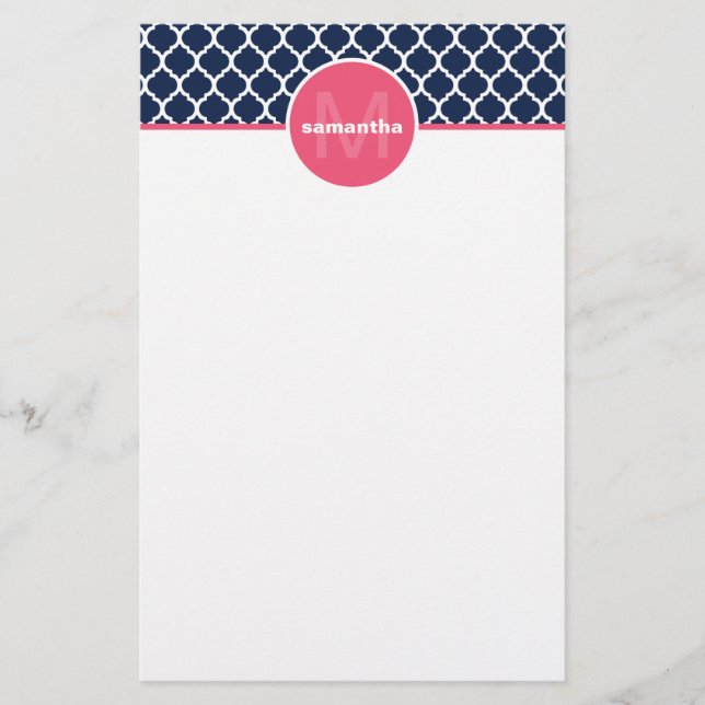 Navy Blue and Hot Pink Quatrefoil Monogram Stationery (Front)