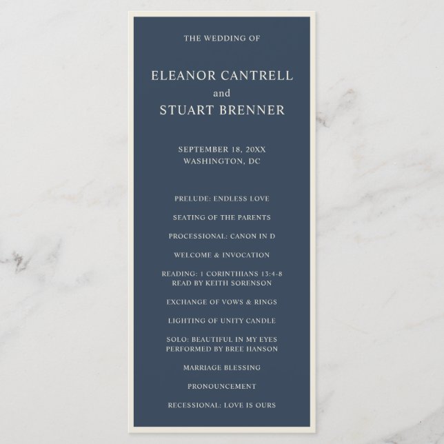 Navy Blue and Ivory Border Simple Wedding Program (Front)