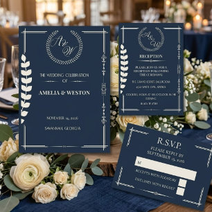 Navy Blue and Ivory Elegant Formal Wedding RSVP Card