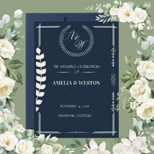 Navy Blue and Ivory Elegant Laurel Wreath Wedding Invitation