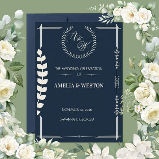 Navy Blue and Ivory Elegant Laurel Wreath Wedding Invitation