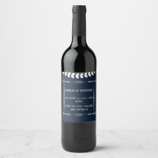 Navy Blue and Ivory Elegant Ornamental Wedding Wine Label