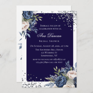 Navy Blue and Ivory Floral Bridal Shower Invitation