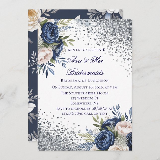 Navy Blue and Ivory Floral Bridesmaids Luncheon Invitation (Front/Back)
