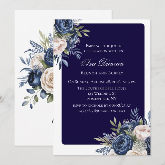 Navy Blue and Ivory Floral Brunch and Bubbly Invitation (Front/Back)