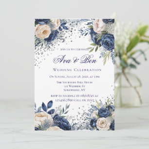 Navy Blue and Ivory Floral Wedding Celebration  Invitation