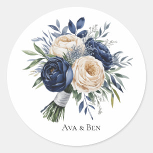 Navy Blue and Ivory Floral Wedding Classic Round Sticker