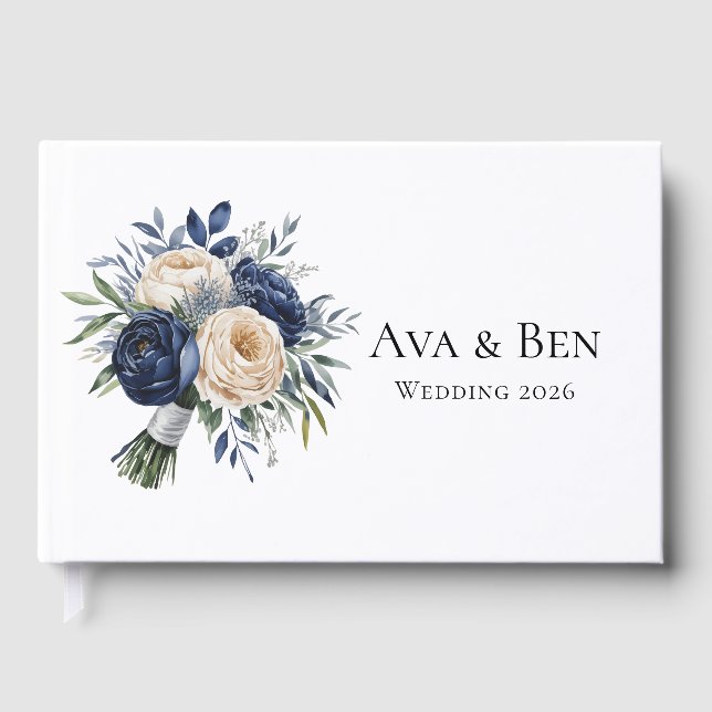 Navy Blue and Ivory Floral Wedding Guest Book (Front)