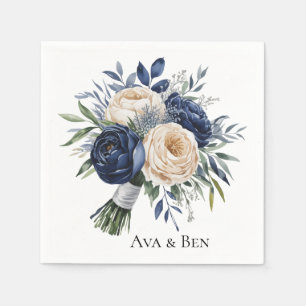 Navy Blue and Ivory Floral Wedding Napkin