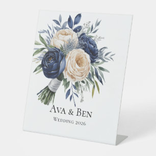 Navy Blue and Ivory Floral Wedding Pedestal Sign