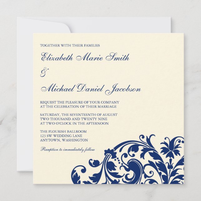 Navy Blue and Ivory Flourish Swirl Wedding Invitation (Front)