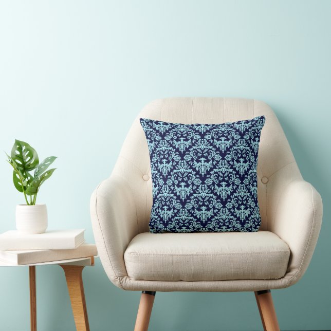 Navy Blue and Light Blue Damask Pattern Cushion (Chair)