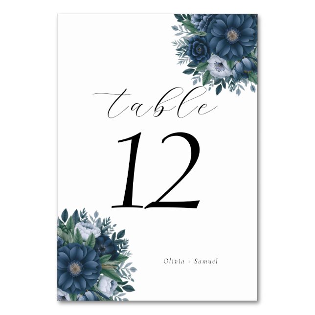 Navy blue and light blue elegant wedding  table number (Front)