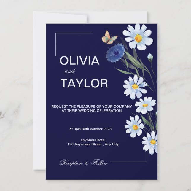 Navy Blue and Light Blue Floral Wedding Invitation (Front)
