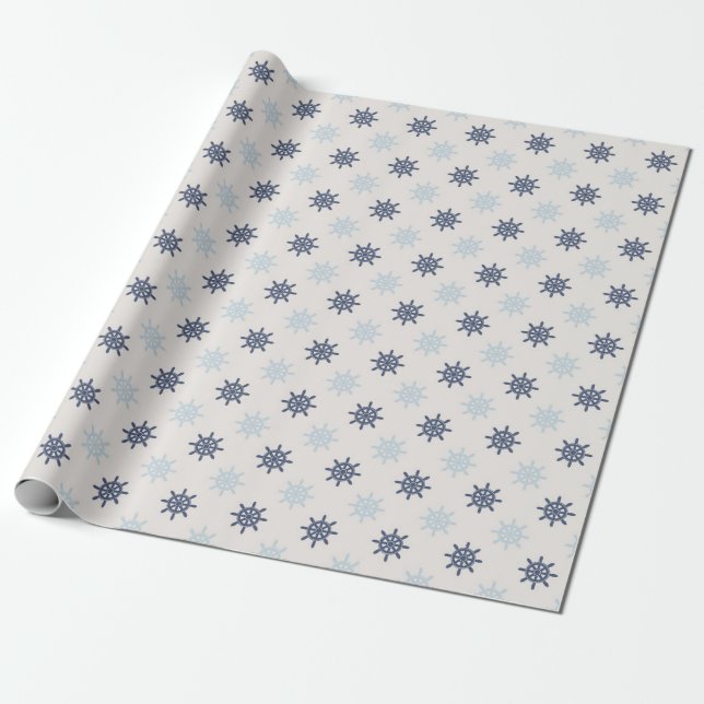 Navy Blue and Light Blue Nautical Wheel Gift Wrapping Paper (Unrolled)
