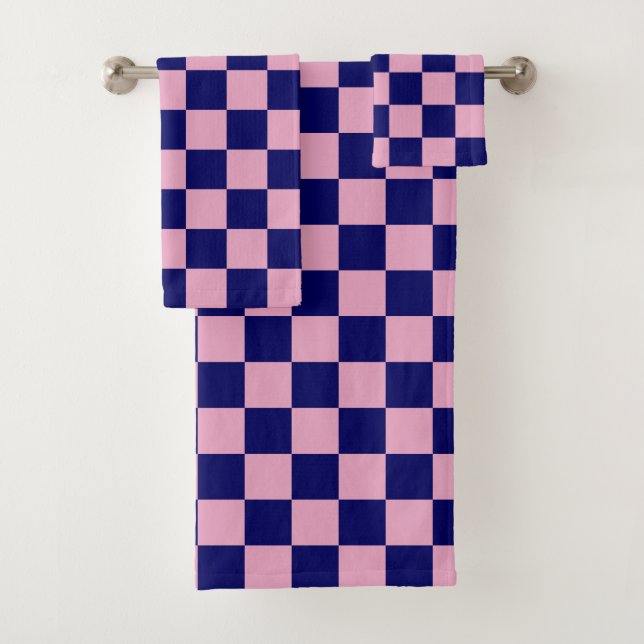 Navy Blue and Light Pink Chequerboard Pattern Bath Towel Set (Insitu)