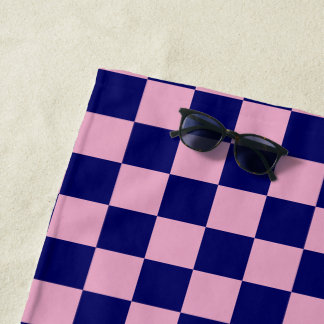Navy Blue and Light Pink Chequerboard Pattern Beach Towel