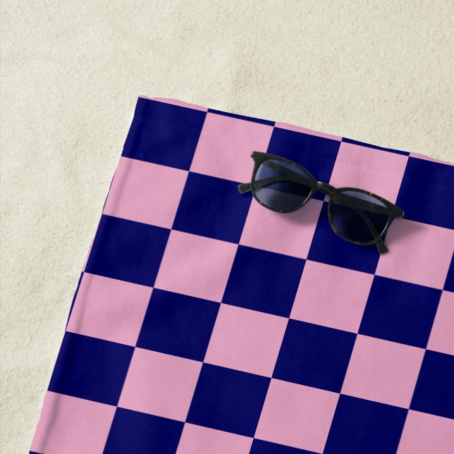 Navy Blue and Light Pink Chequerboard Pattern Beach Towel (In Situ)