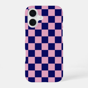 Navy Blue and Light Pink Chequerboard Pattern iPhone 16 Case