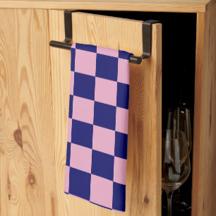 Navy Blue and Light Pink Chequerboard Pattern Tea Towel