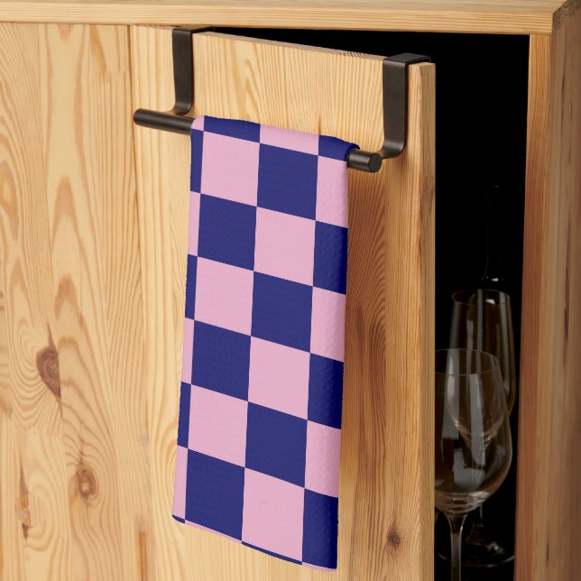 Navy Blue and Light Pink Chequerboard Pattern Tea Towel (Thirds Fold)