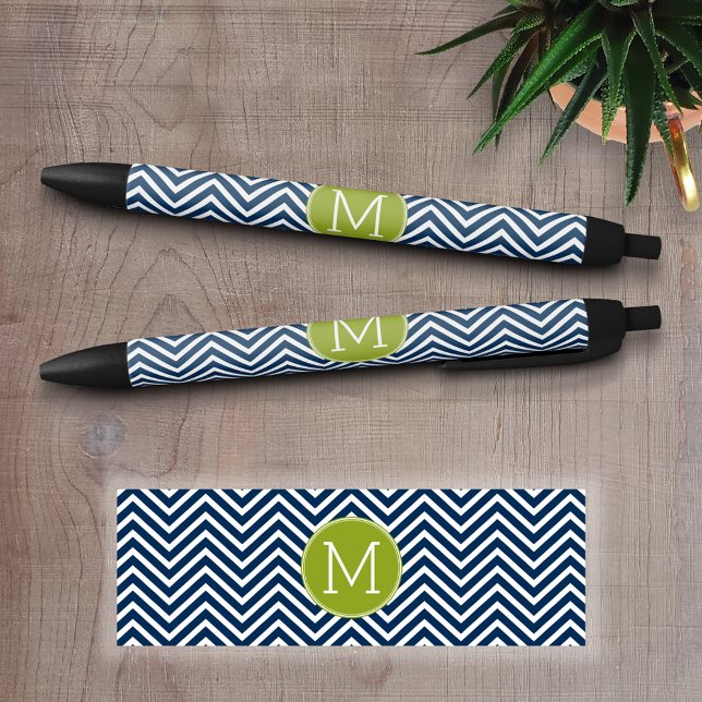 Navy Blue and Lime Green Chevrons Custom Monogram Black Ink Pen (Personalized Writing Pens)
