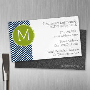 Navy Blue and Lime Green Chevrons Custom Monogram Magnetic Business Card
