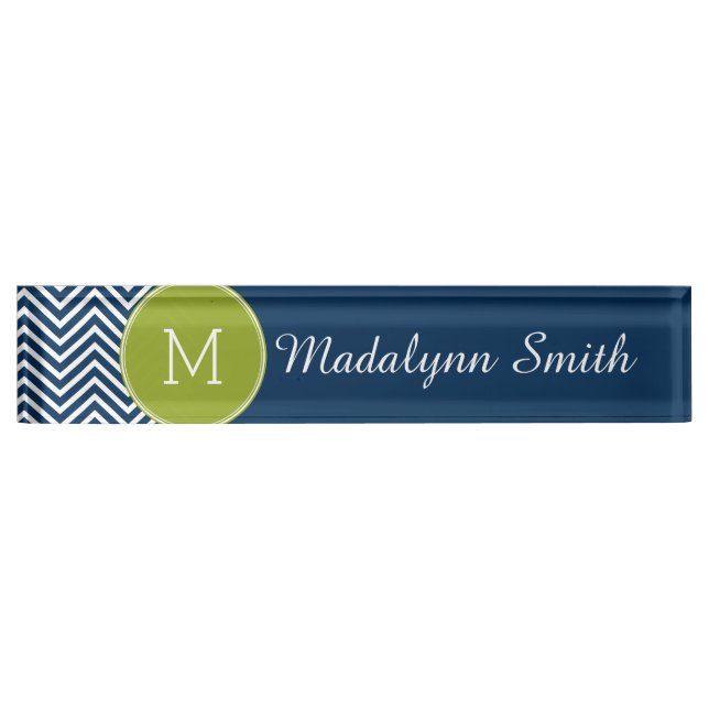 Navy Blue and Lime Green Chevrons Custom Monogram Nameplate (Front)