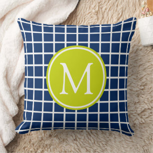 Navy Blue and Lime Green Lattice Monogram Cushion