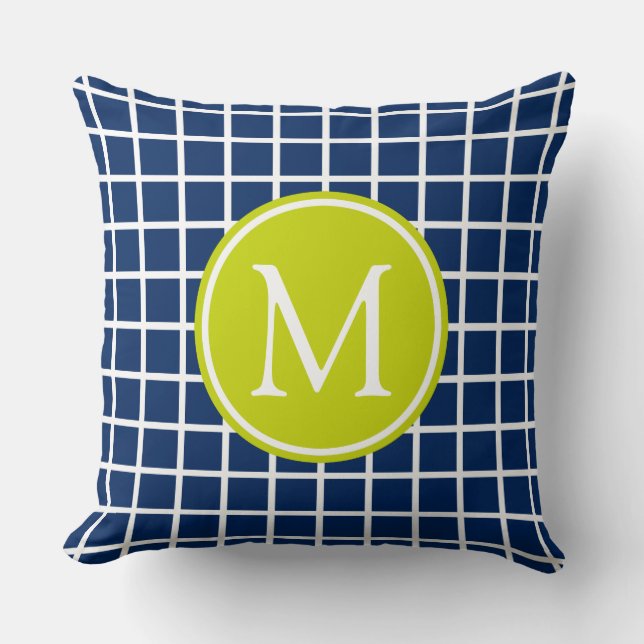 Navy Blue and Lime Green Lattice Monogram Cushion (Front)