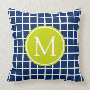 Navy Blue and Lime Green Lattice Monogram Cushion