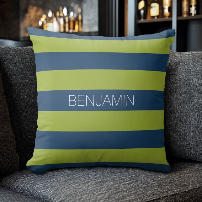 Navy Blue and Lime Green Rugby Stripes Custom Name Cushion (Custom Sporty Pillow)