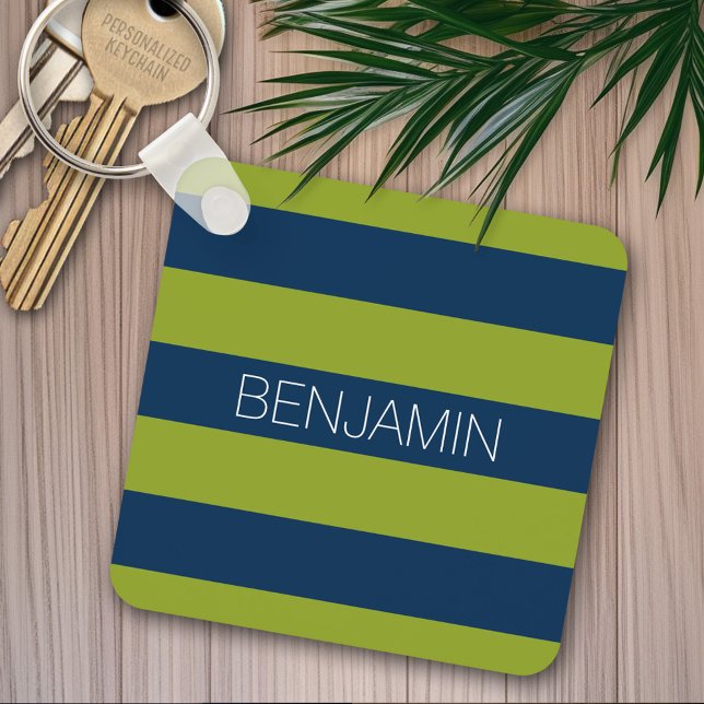 Navy Blue and Lime Green Rugby Stripes Custom Name Key Ring (Personalized keychain - Blue and Green Stripes)