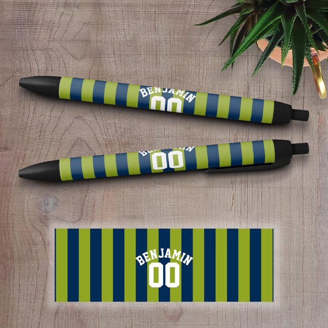 Navy Blue and Lime Green Rugby Stripes Name Number Black Ink Pen (Personalized Writing Pens - add your name, monogram or other text)