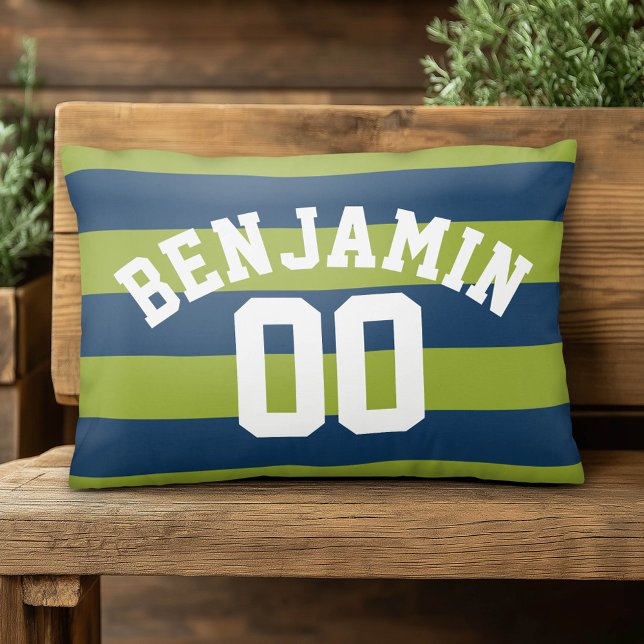 Navy Blue and Lime Green Rugby Stripes Name Number Decorative Cushion (Custom Pillow)