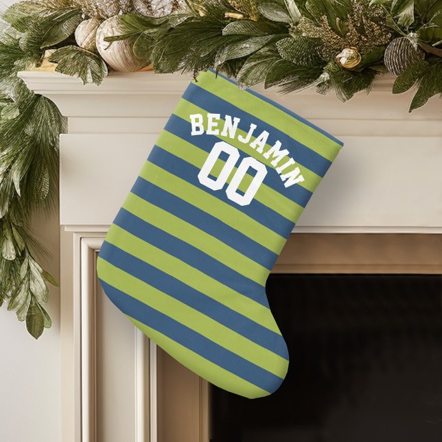 Navy Blue and Lime Green Rugby Stripes Name Number Small Christmas Stocking (Personalized Christmas Stocking)