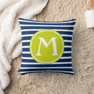 Navy Blue and Lime Green Stripe Monogram Cushion