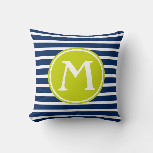 Navy Blue and Lime Green Stripe Monogram Cushion (Front)